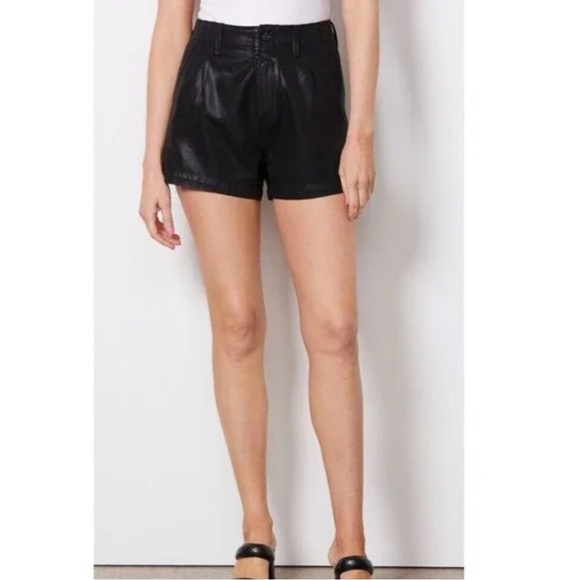 PAIGE Black Coated Faux Leather Pleated Front Shorts High Rise Women $189NWT